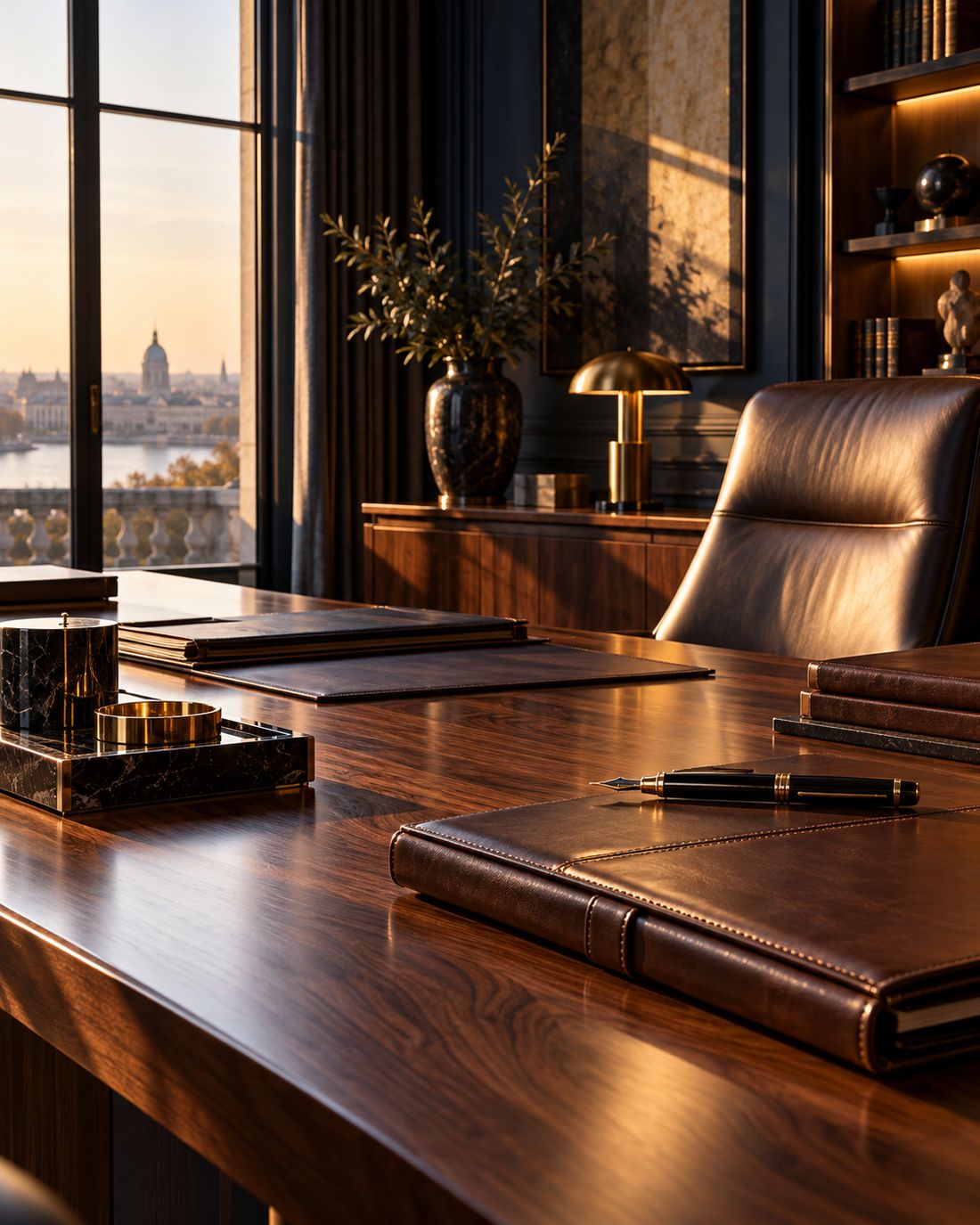Bureau de direction en noyer et cuir, image d'illustration