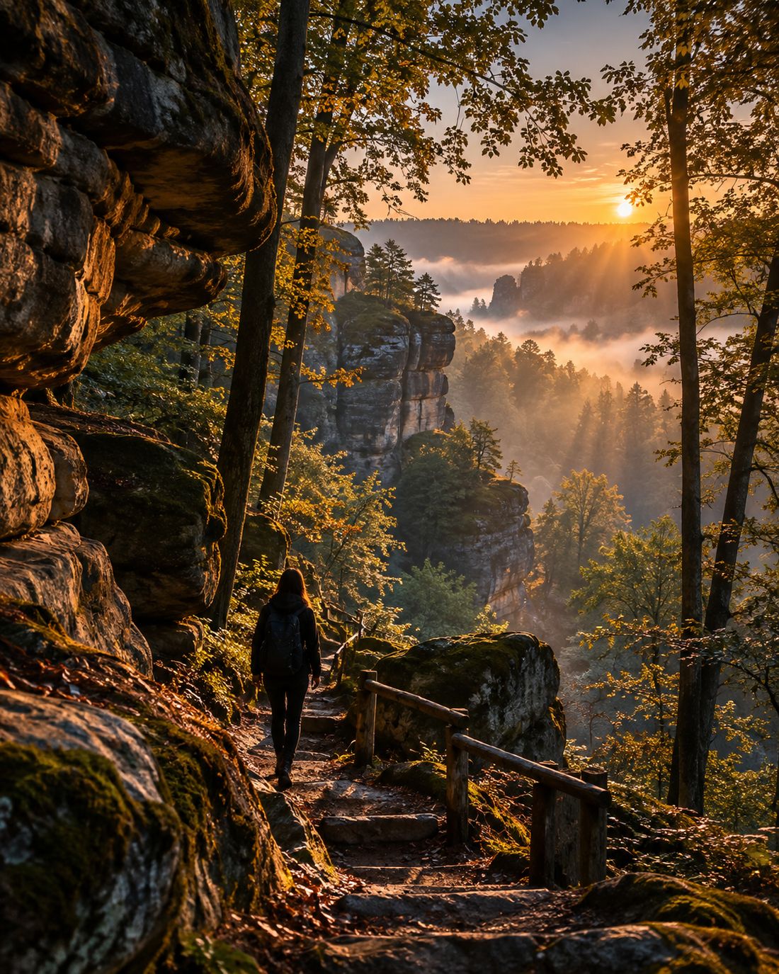 Silhouette sur un sentier forestier au lever du soleil, image d'illustration