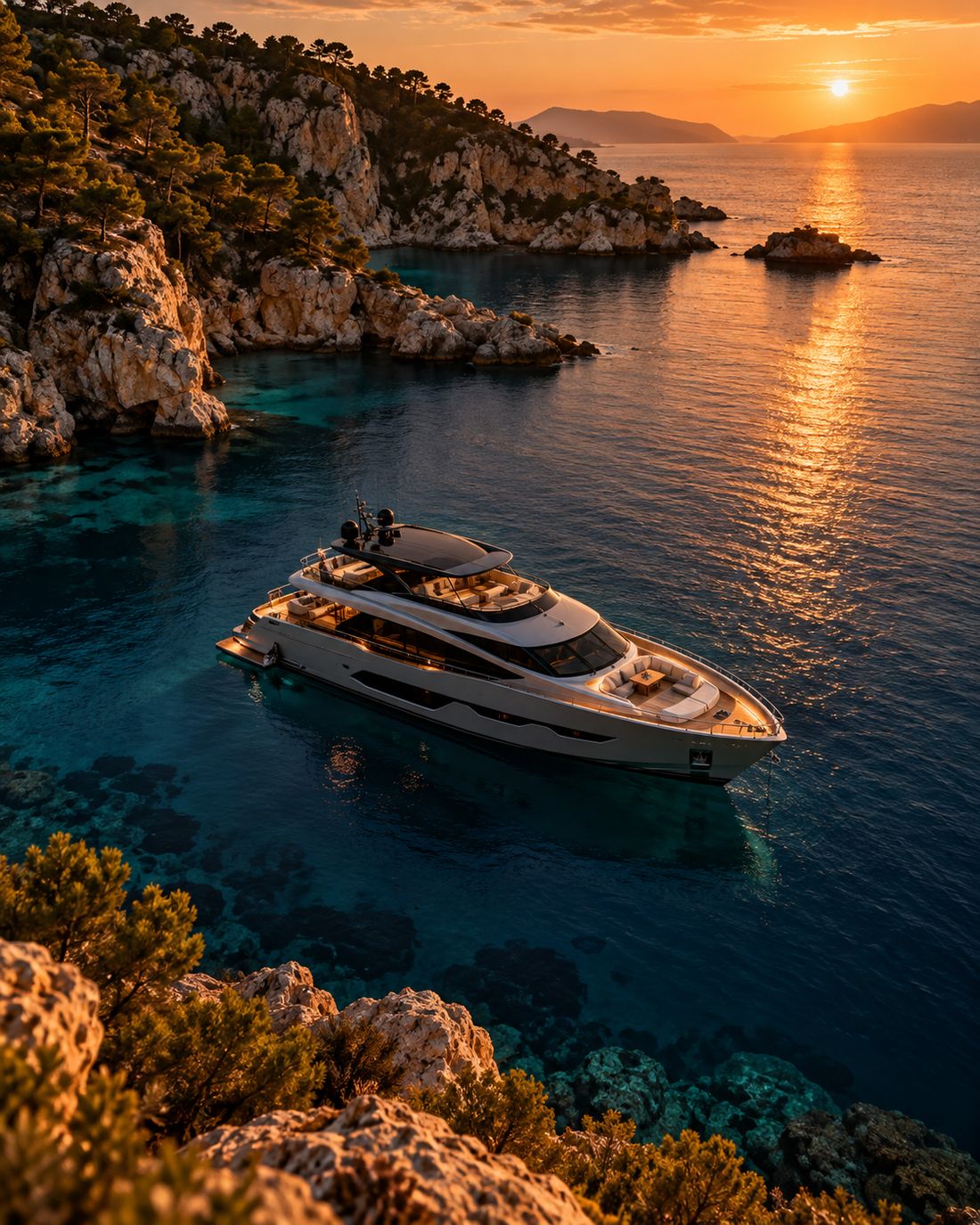 Yacht au mouillage dans une crique au coucher du soleil, image d'illustration