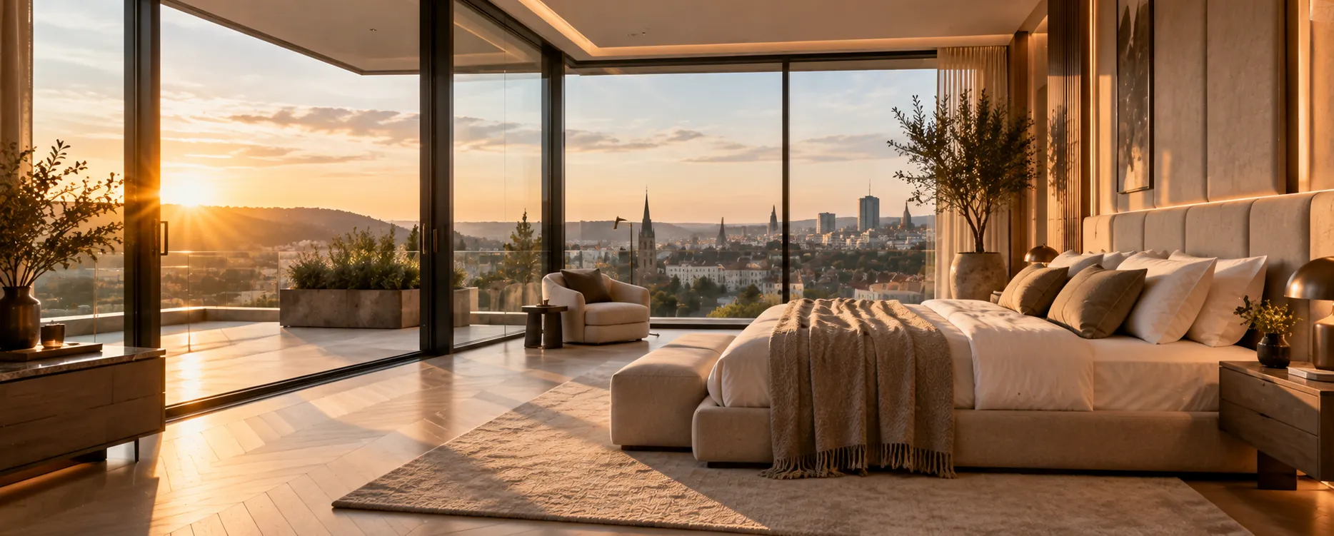 Suite de penthouse ouverte sur la ville au coucher du soleil