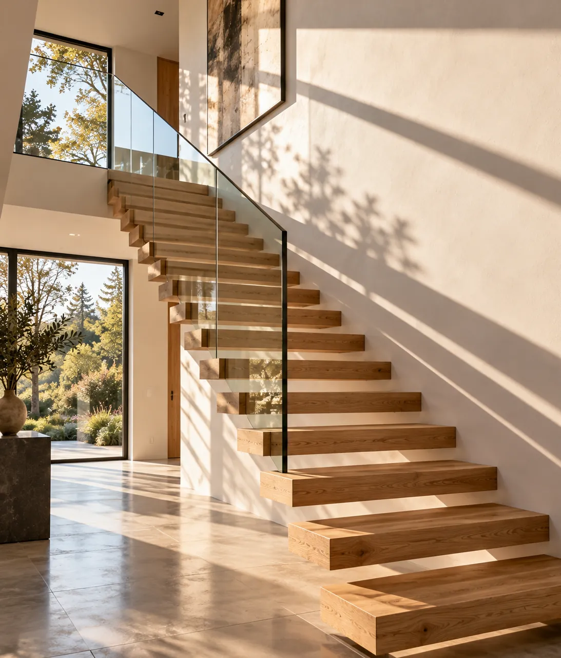 Escalier aux marches en chêne suspendues et garde-corps en verre