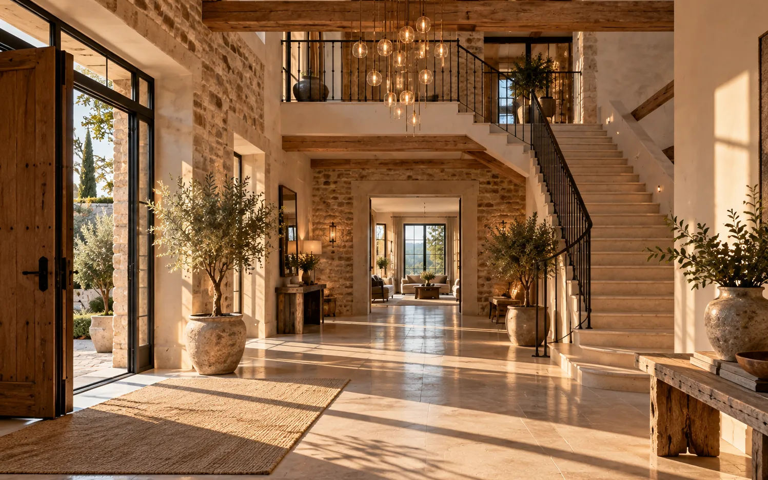 Hall d'entrée en pierre avec escalier et lustre