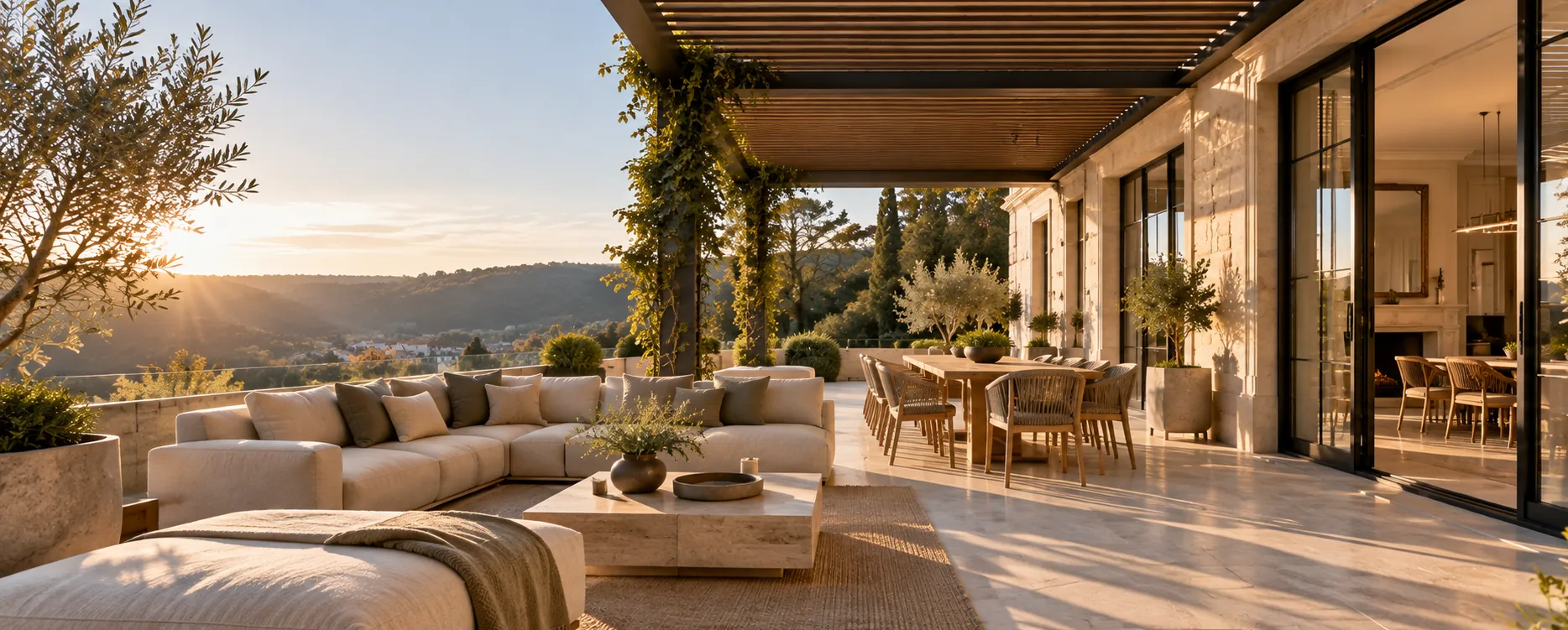 Terrasse couverte d'une pergola avec salon et table