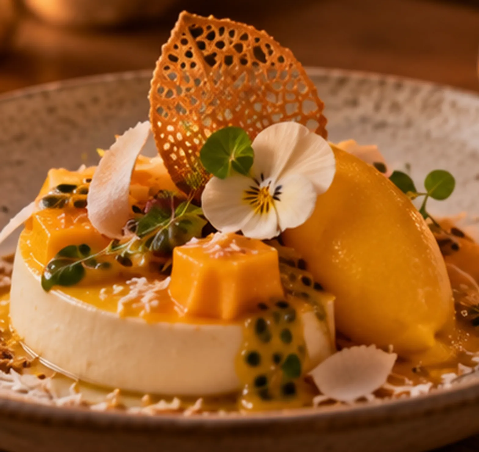Panna cotta coco, sorbet mangue et fruit de la passion, fleur comestible