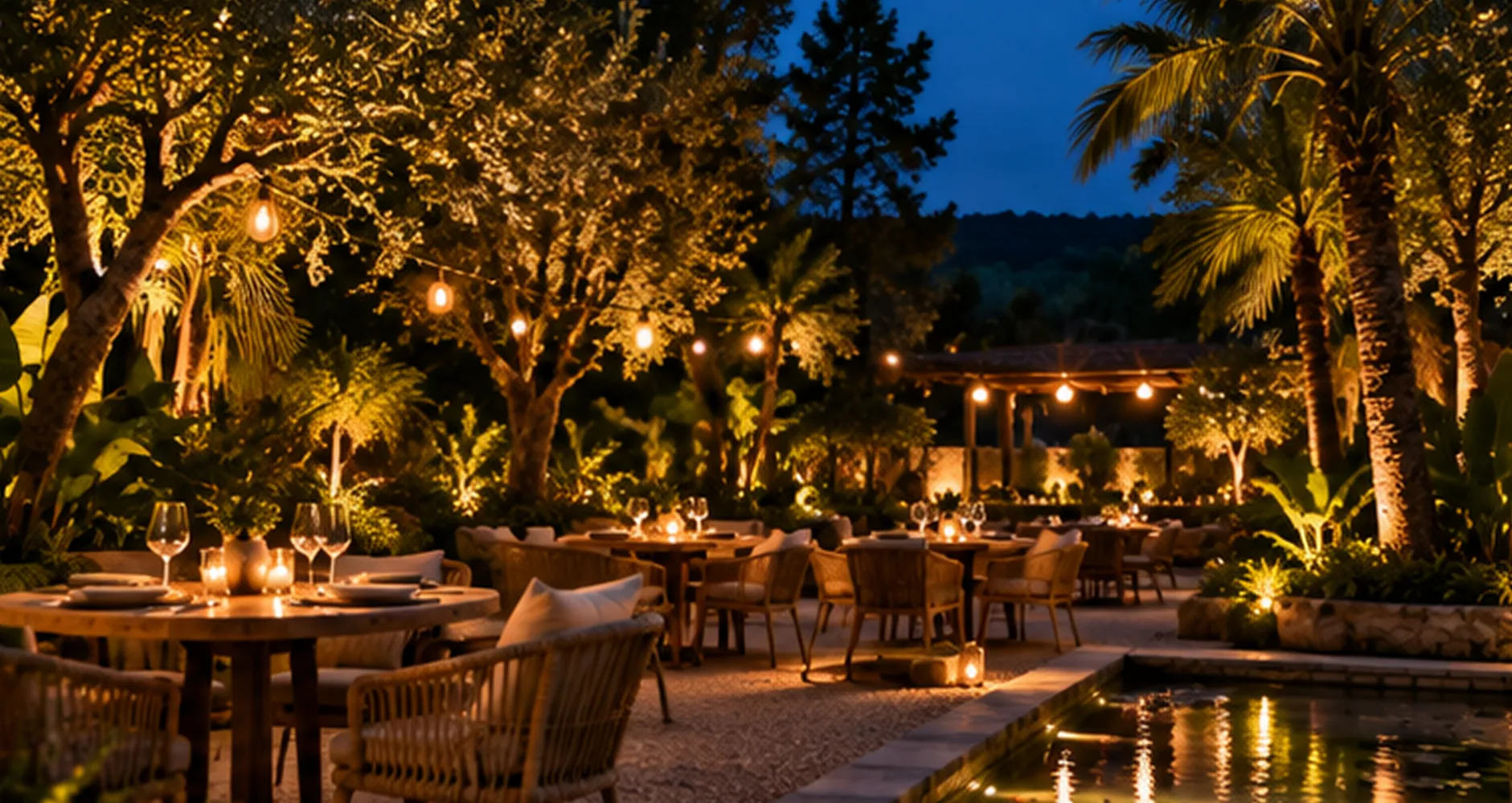 Jardin tropical éclairé de guirlandes, tables dressées autour d'un bassin
