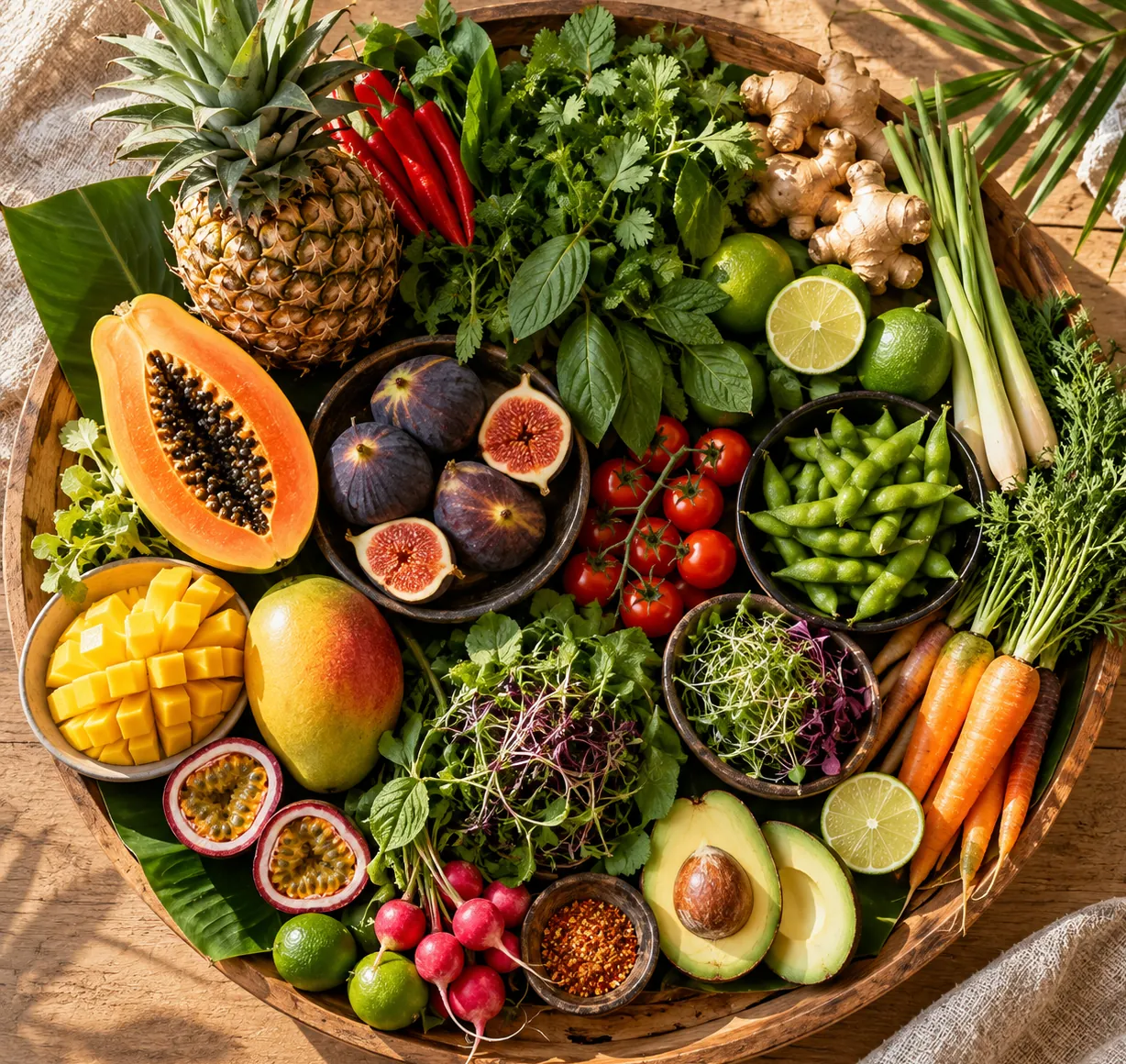 Plateau de fruits tropicaux, herbes fraîches et légumes colorés vus du dessus