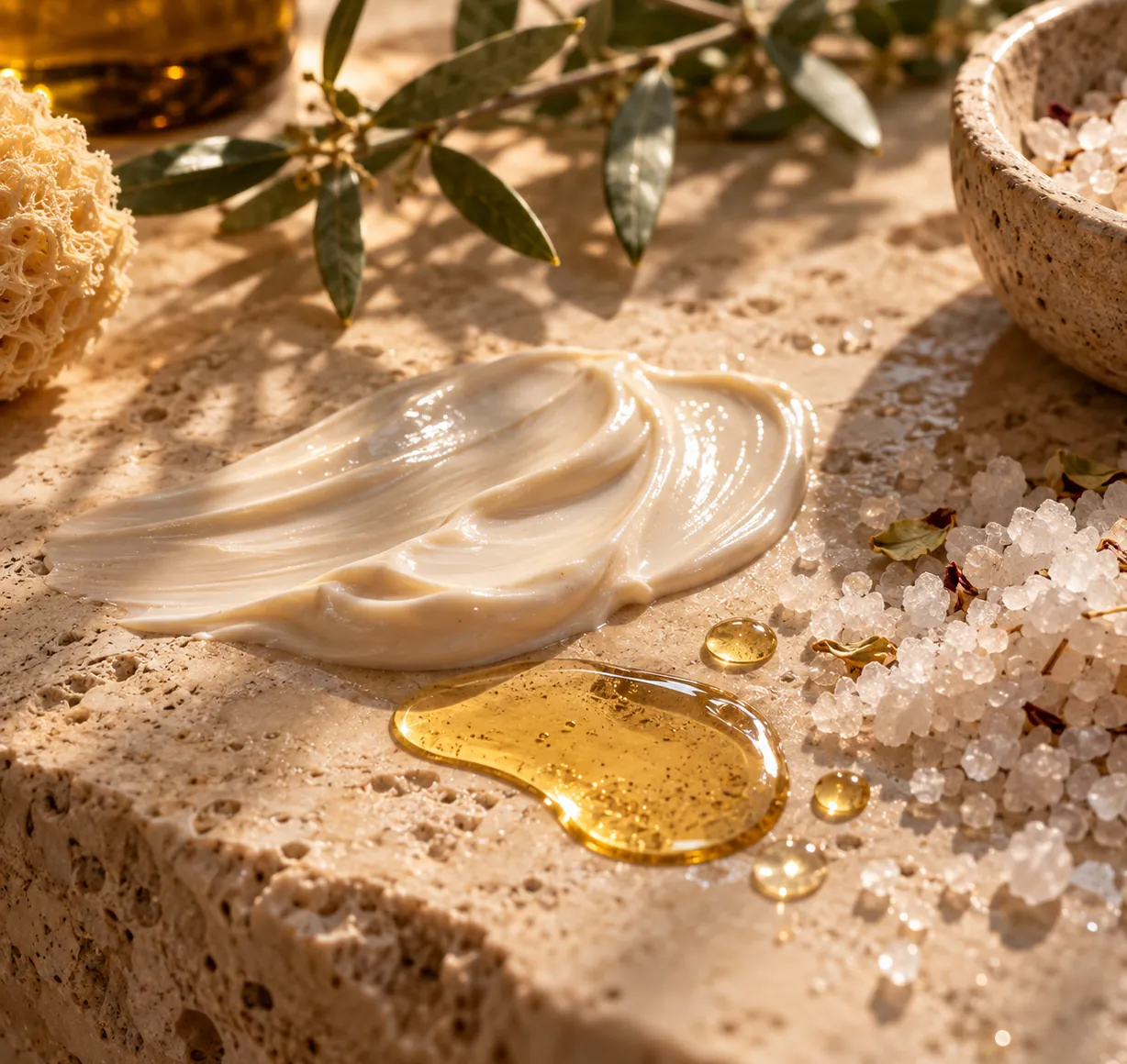 Crème, huile et sel de bain sur une pierre claire