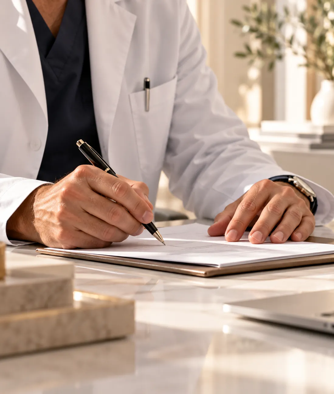 Médecin rédigeant un document à son bureau