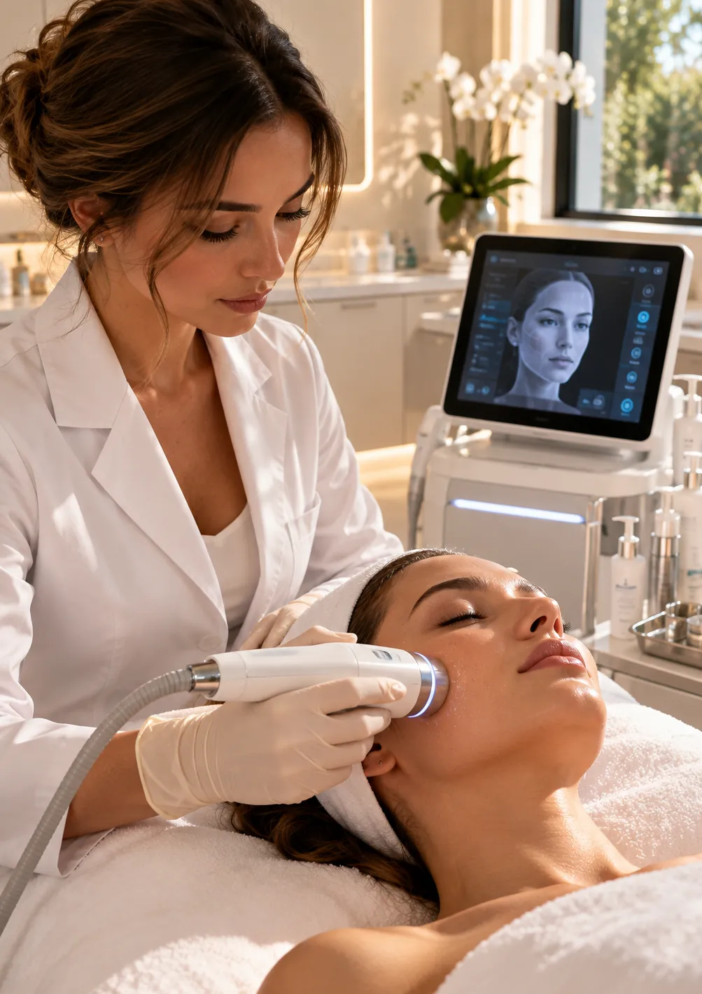 Soin du visage par appareil, réalisé par une praticienne en blouse