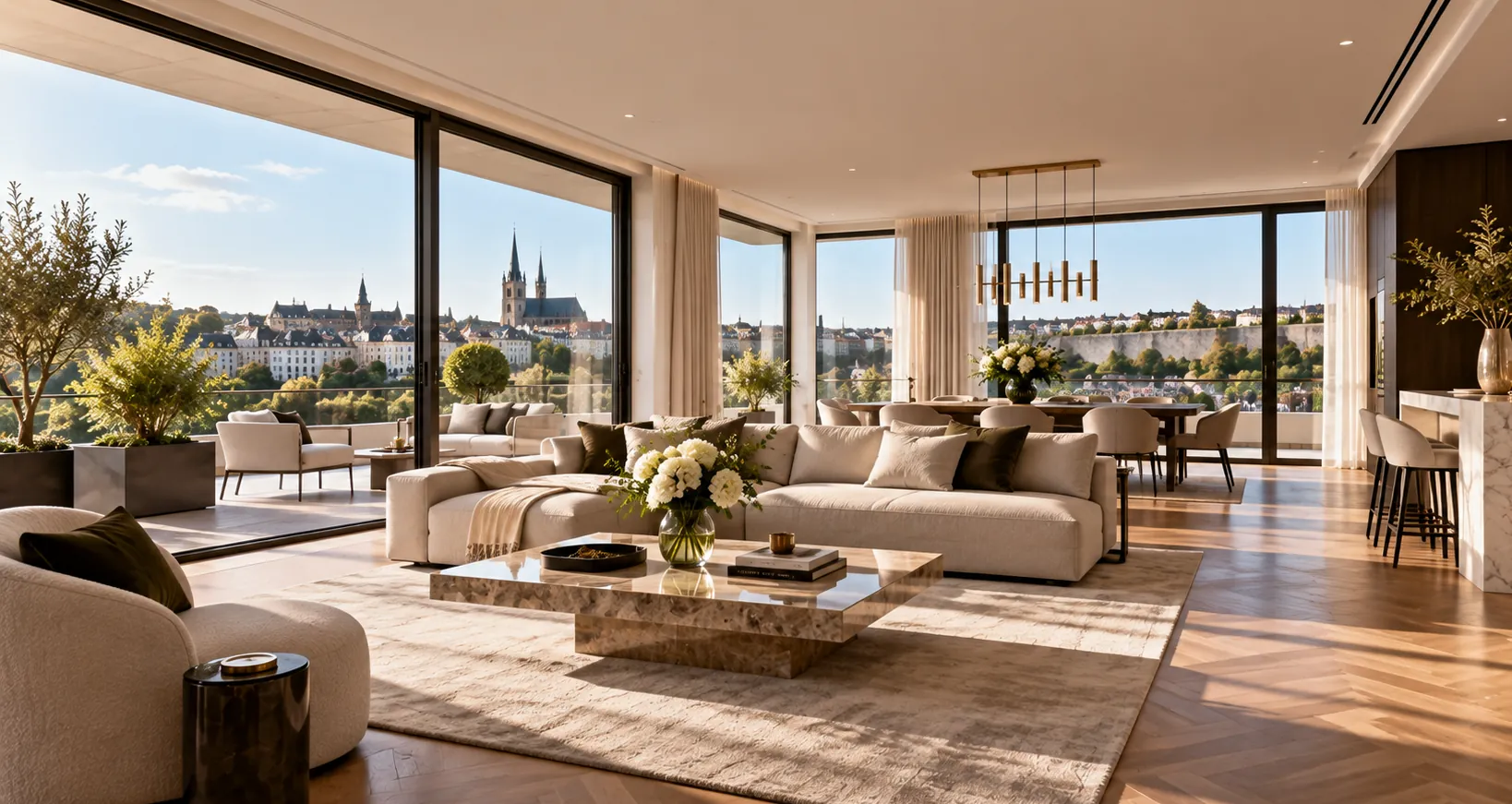 Séjour lumineux d'un appartement ouvert sur la vieille ville