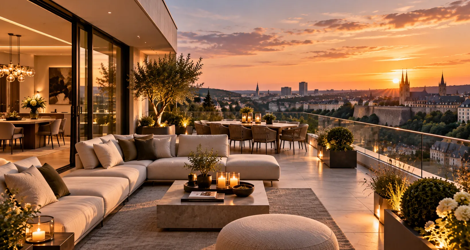 Terrasse de penthouse au coucher du soleil face à la vieille ville